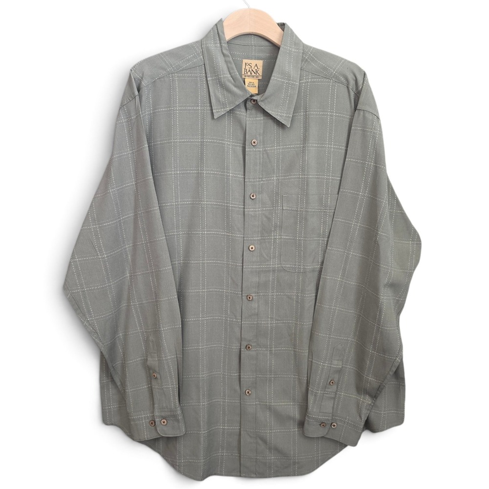 Jos A Bank Shirt Mens XL Green Silk Long Sleeve Button Front Pocket Camp LS